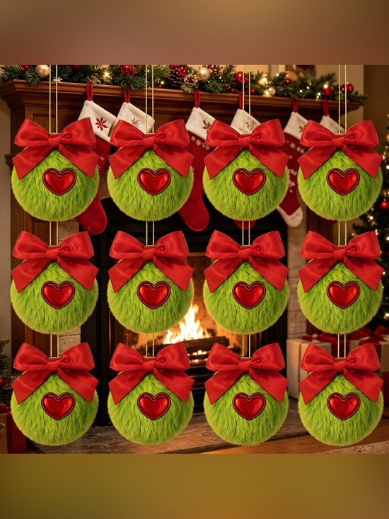 Other - 9 Christmas Plush Green Ornament with Red Bow and Heart – Holiday Home Decor